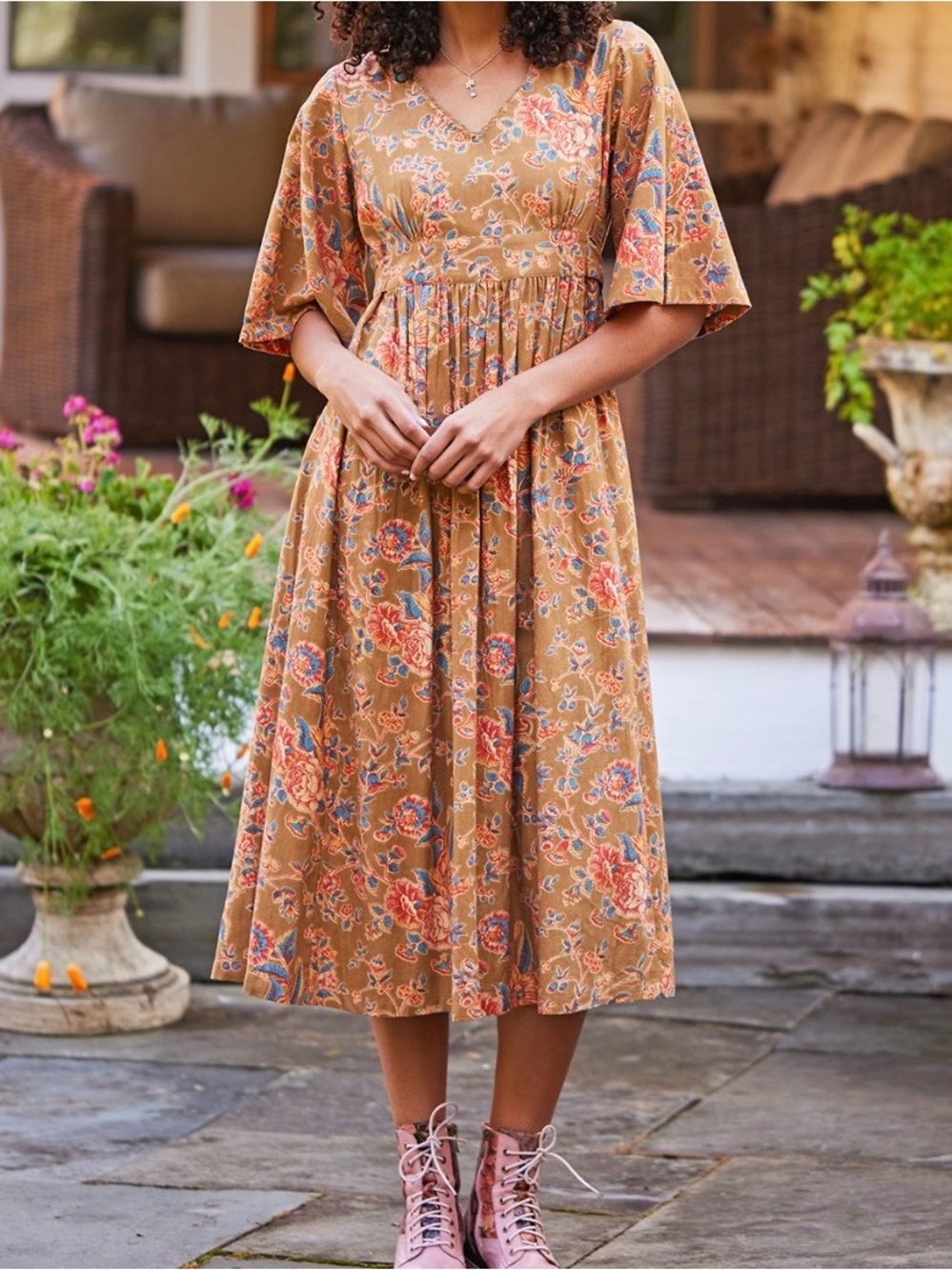 April Cornell Women’s 100% Cotton Antiquarian Olive Floral Sash Tie Dress Size M